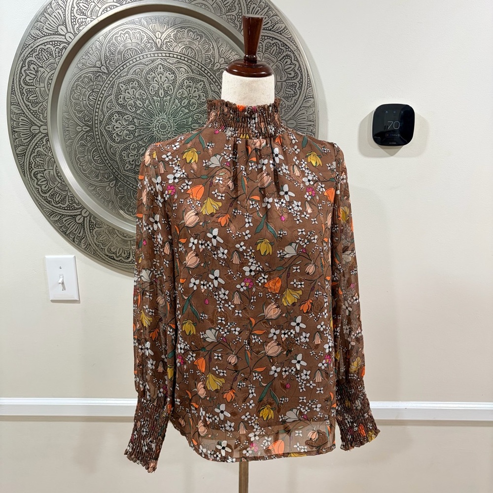 JADE brown floral long sleeve mock neck blouse- Size XS